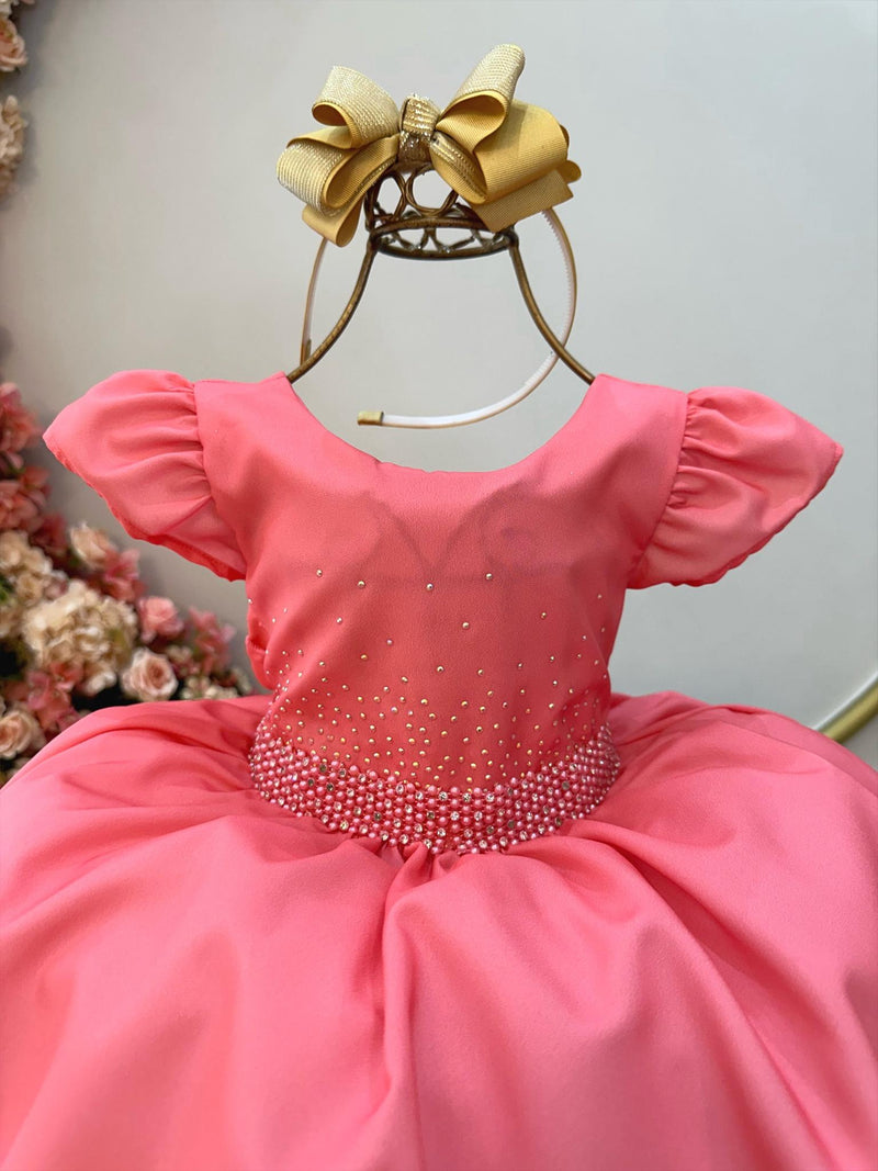 Vestido Infantil Goiaba Luxo C/ Busto e Cinto de Strass