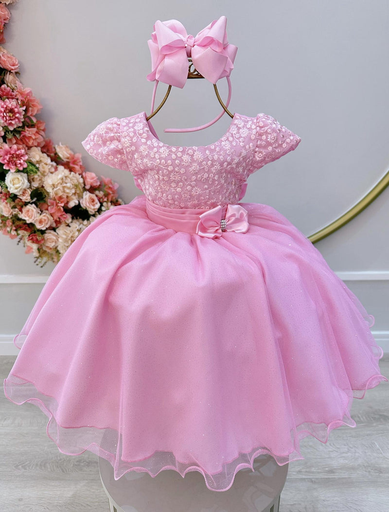 Vestido Infantil Rosa Luxo C/ Renda e Aplique Laço