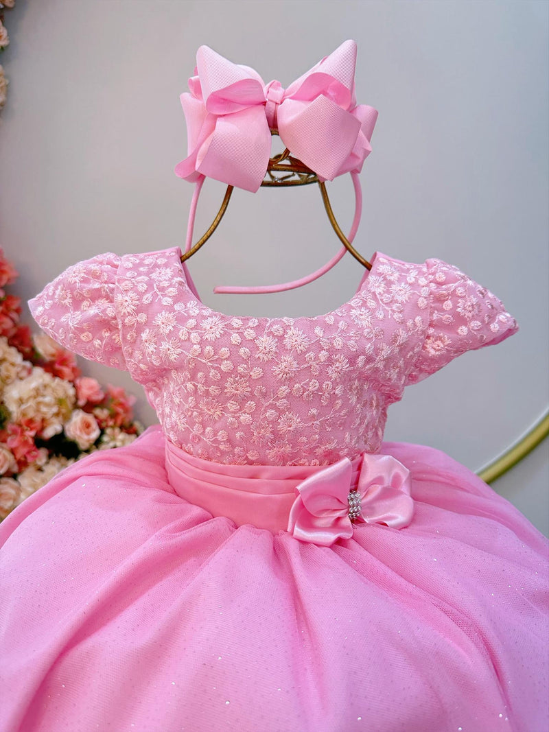 Vestido Infantil Rosa Luxo C/ Renda e Aplique Laço