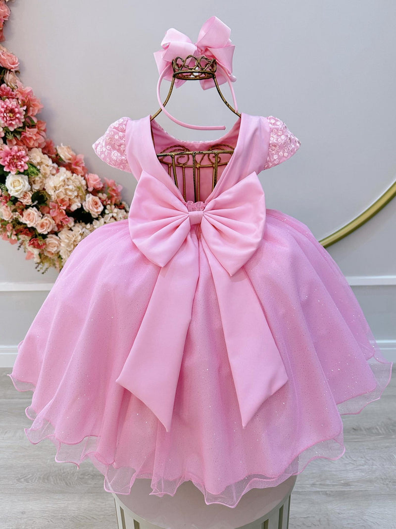 Vestido Infantil Rosa Luxo C/ Renda e Aplique Laço