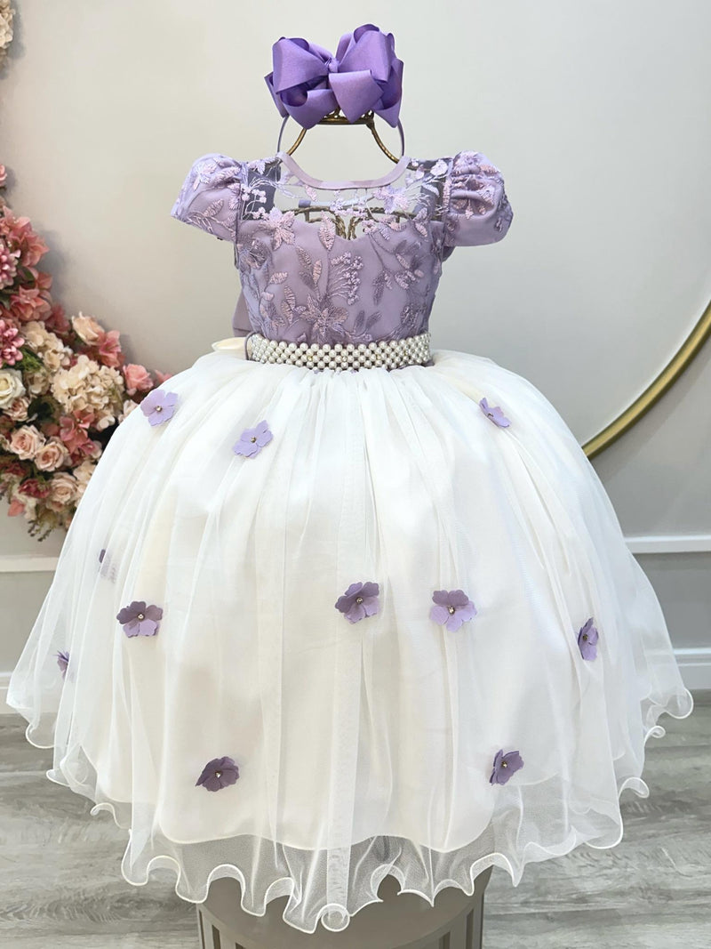 Vestido Infantil Lilás Saia Off C/ Renda e Aplique Flores