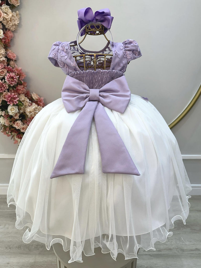 Vestido Infantil Lilás Saia Off C/ Renda e Aplique Flores