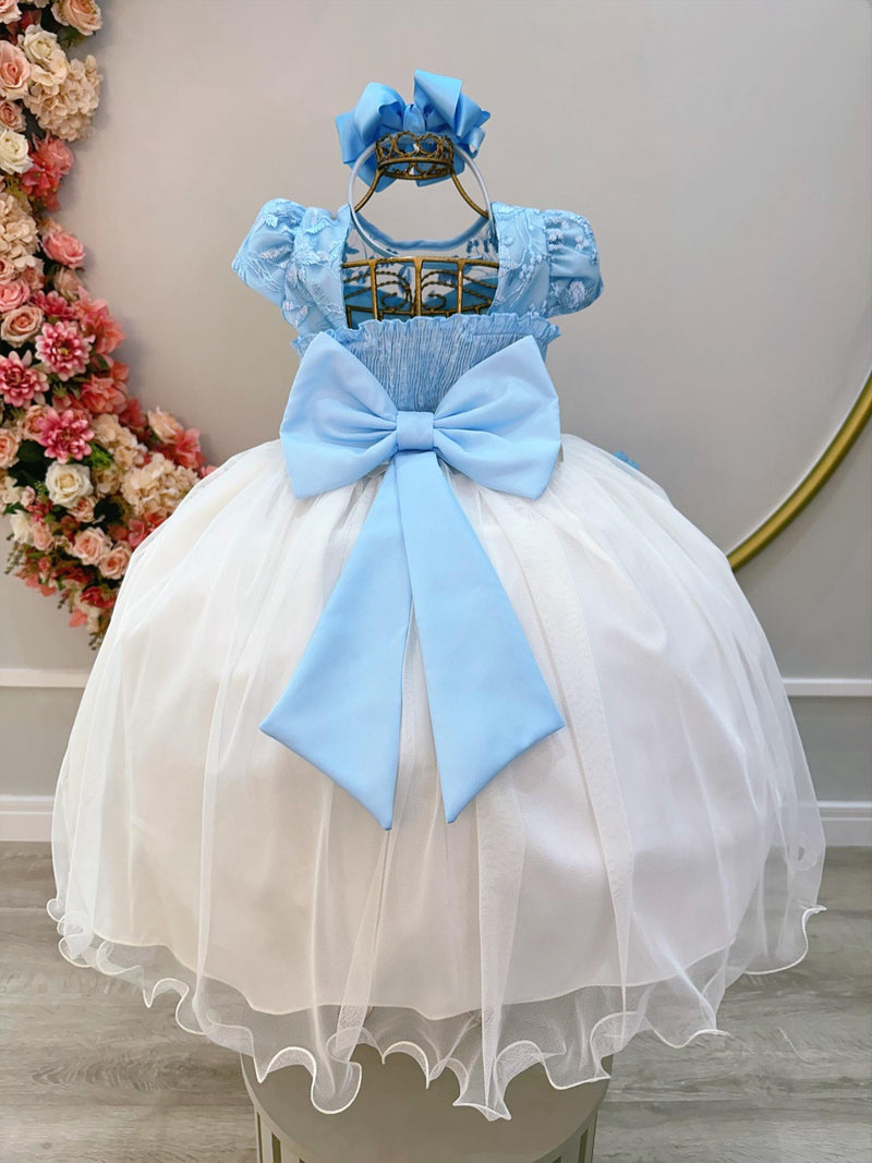 Vestido Infantil Azul Claro Saia Off C/ Renda e Aplique Flores