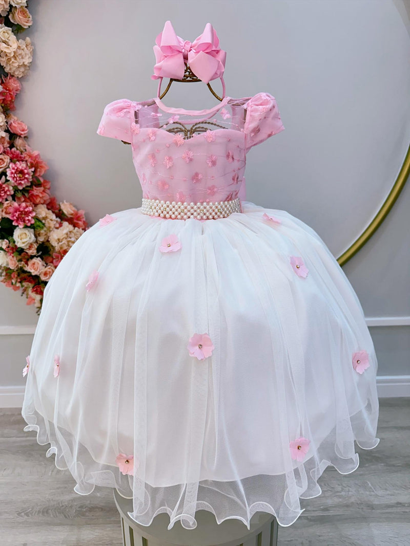 Vestido Infantil Rosa Saia Off C/ Renda e Aplique Flores