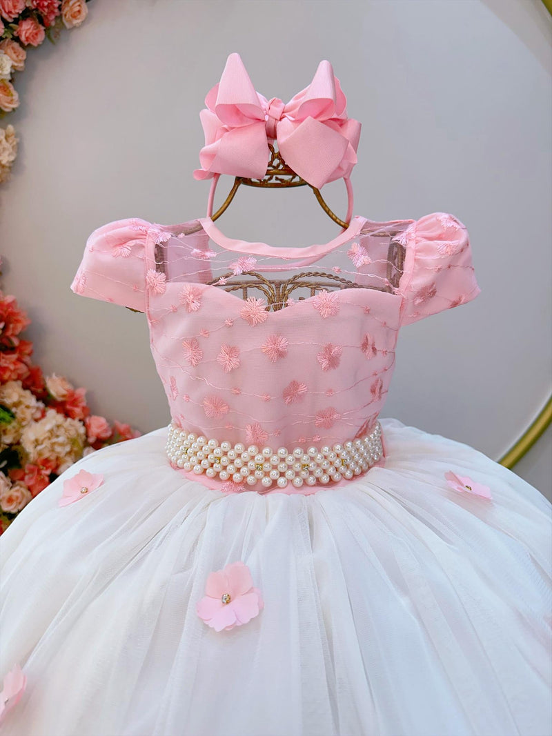 Vestido Infantil Rosa Saia Off C/ Renda e Aplique Flores