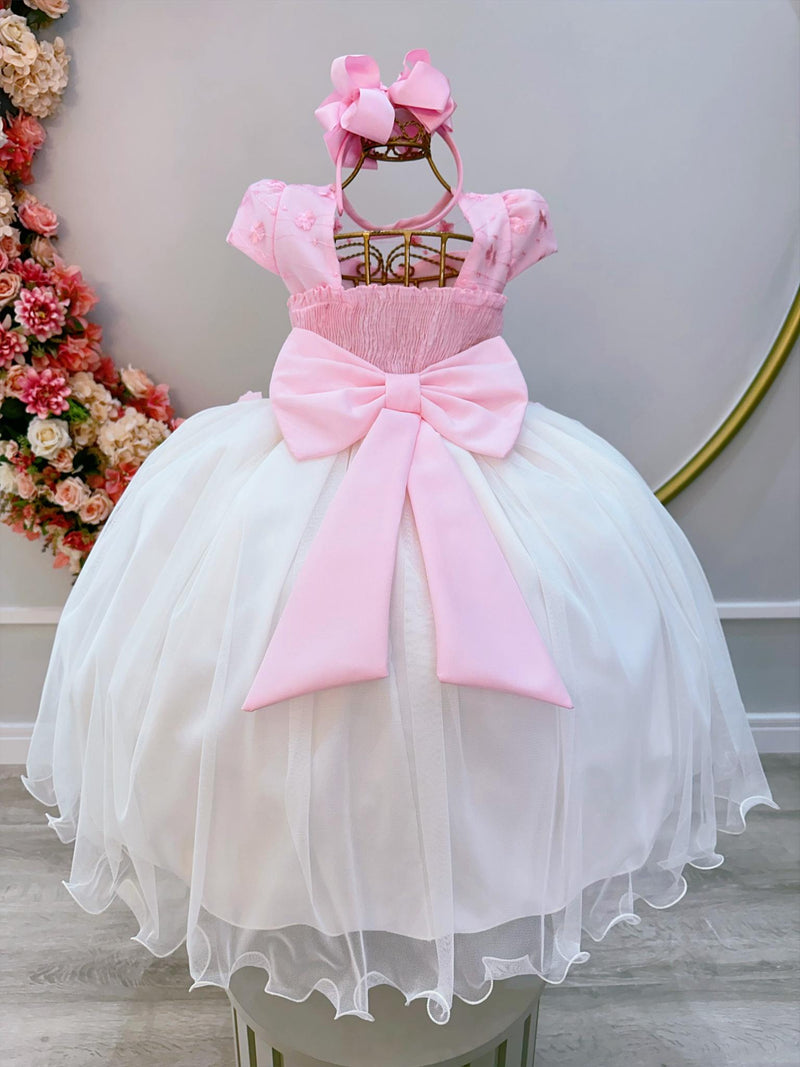 Vestido Infantil Rosa Saia Off C/ Renda e Aplique Flores