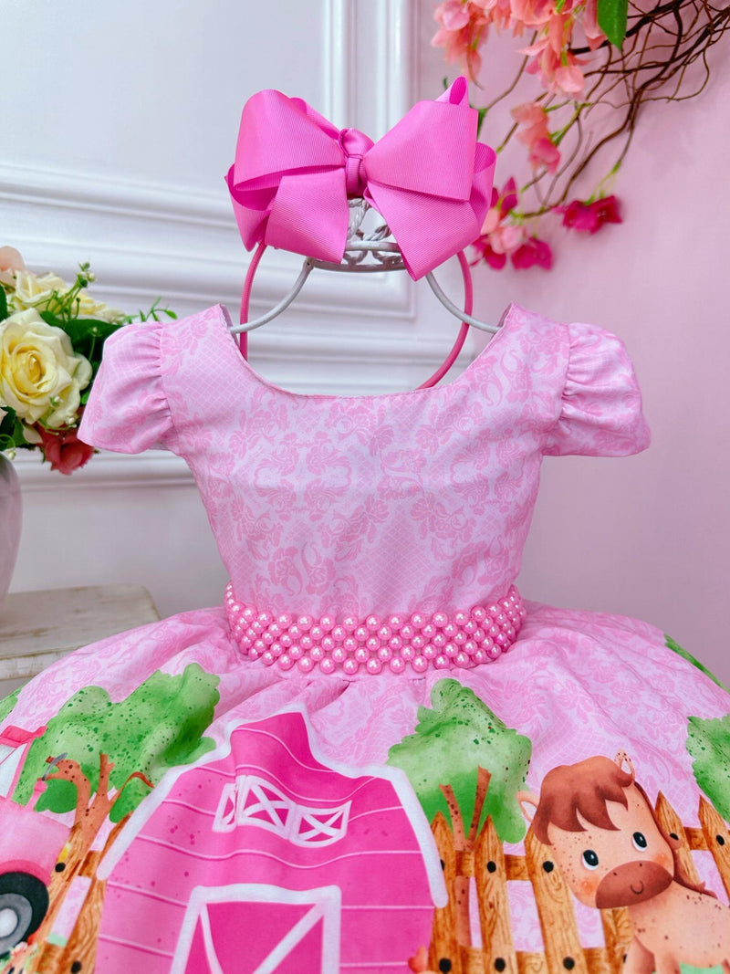 Vestido Infantil Rosa Fazendinha Bichos C/ Cinto Pérolas