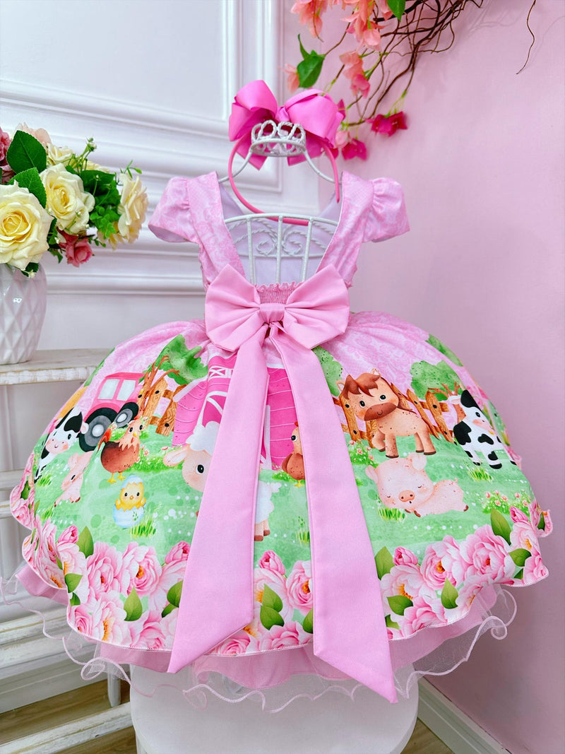 Vestido Infantil Rosa Fazendinha Bichos C/ Cinto Pérolas