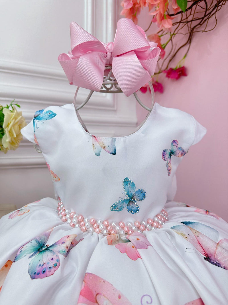 Vestido Infantil Branco Borboletas Damas Festas Luxo Pérolas