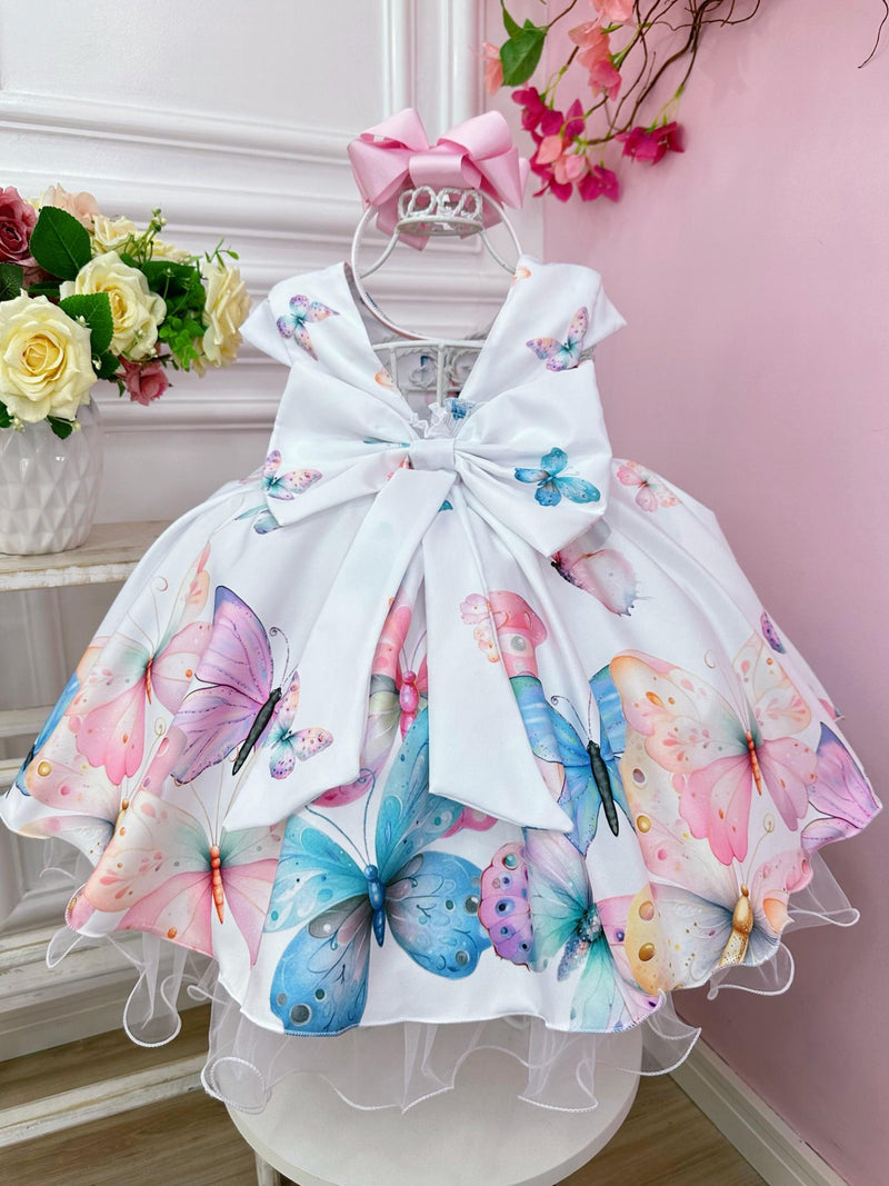 Vestido Infantil Branco Borboletas Damas Festas Luxo Pérolas