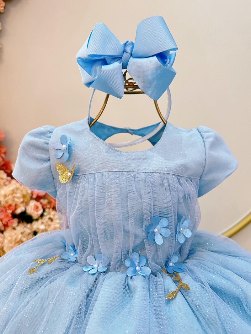 Vestido Infantil Azul Claro Jardim Encantado C/ Babados Luxo