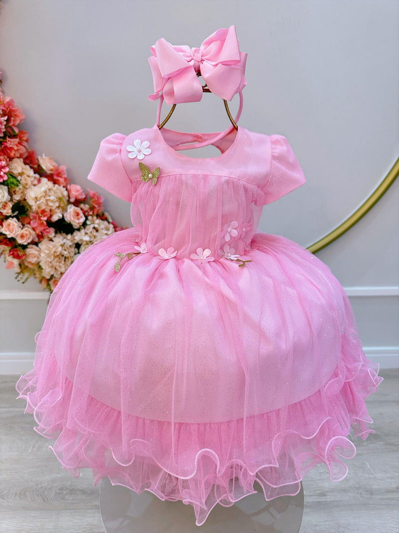 Vestido Infantil Rosa Bebê Jardim Encantado C/ Babados Luxo