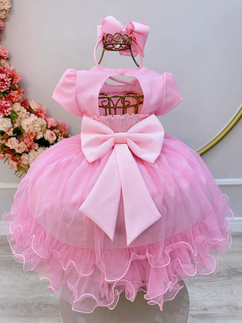 Vestido Infantil Rosa Bebê Jardim Encantado C/ Babados Luxo