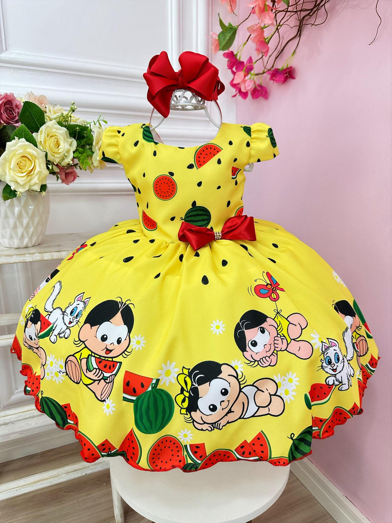 Vestido Infantil Magali Baby Amarelo Melancia C/ Broche Laço