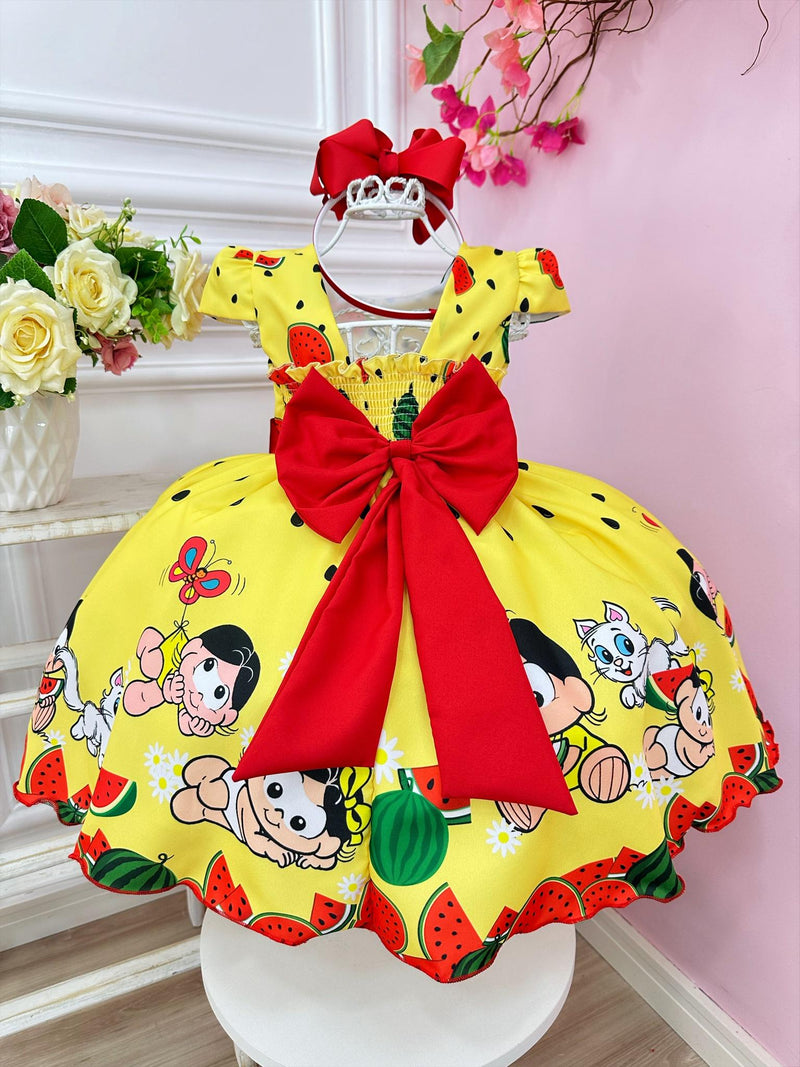 Vestido Infantil Magali Baby Amarelo Melancia C/ Broche Laço