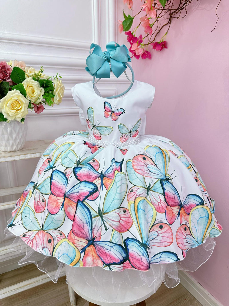 Vestido Infantil Branco Borboletas Damas Festas Luxo Pérolas