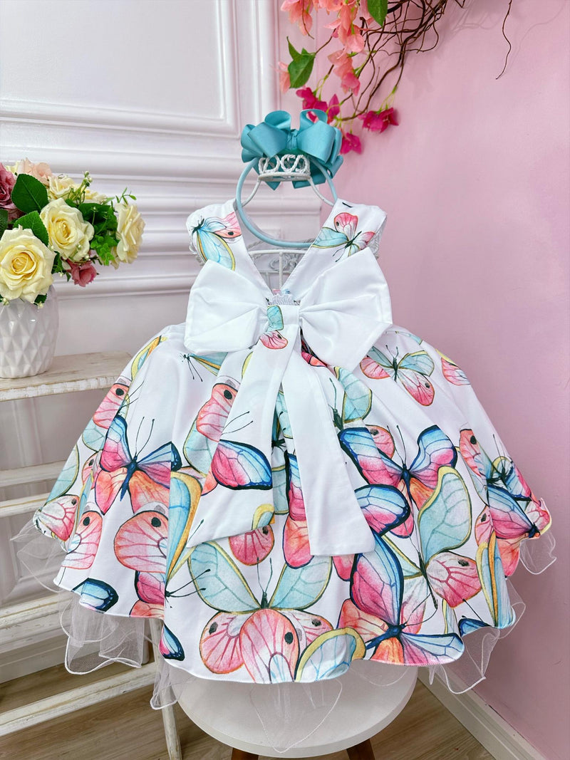 Vestido Infantil Branco Borboletas Damas Festas Luxo Pérolas