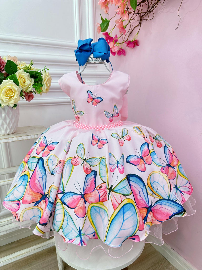 Vestido Infantil Rosa Borboletas Luxo Pérolas Damas Festas