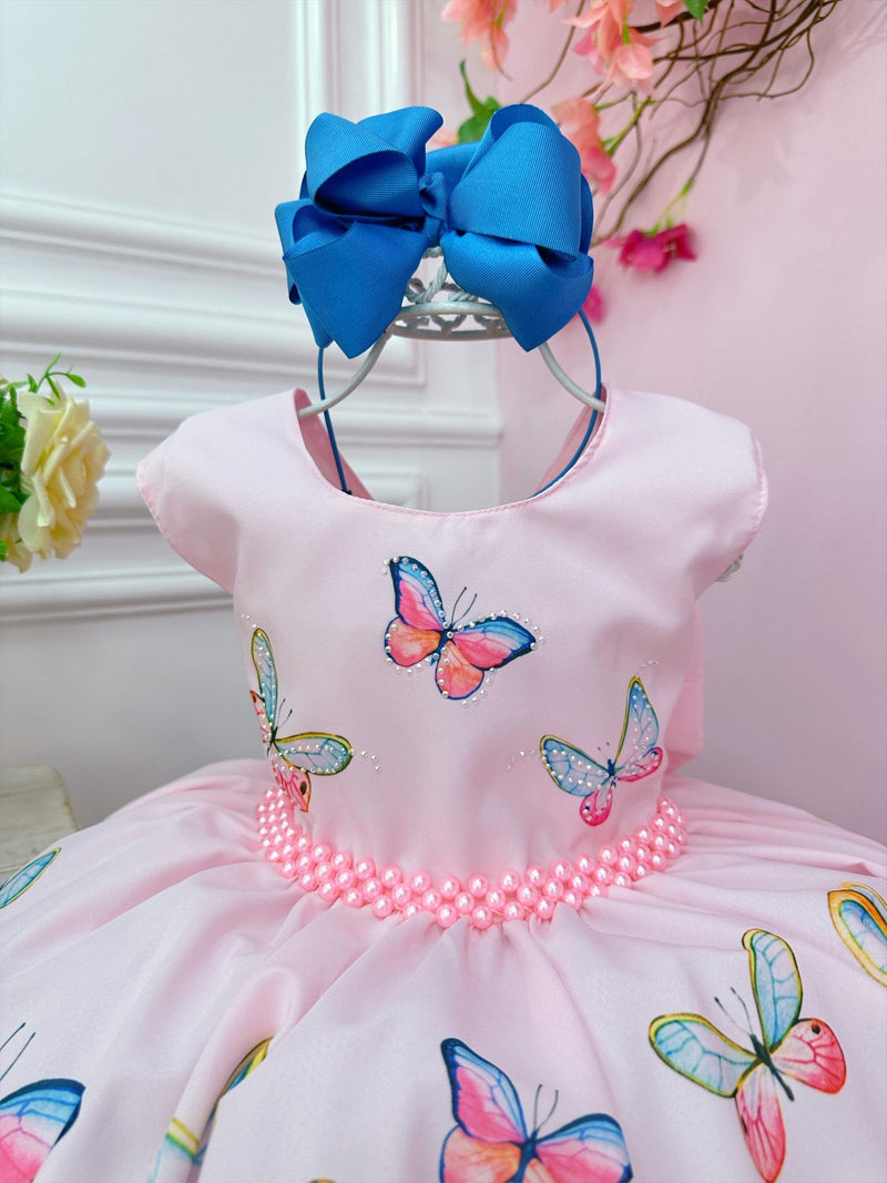 Vestido Infantil Rosa Borboletas Luxo Pérolas Damas Festas