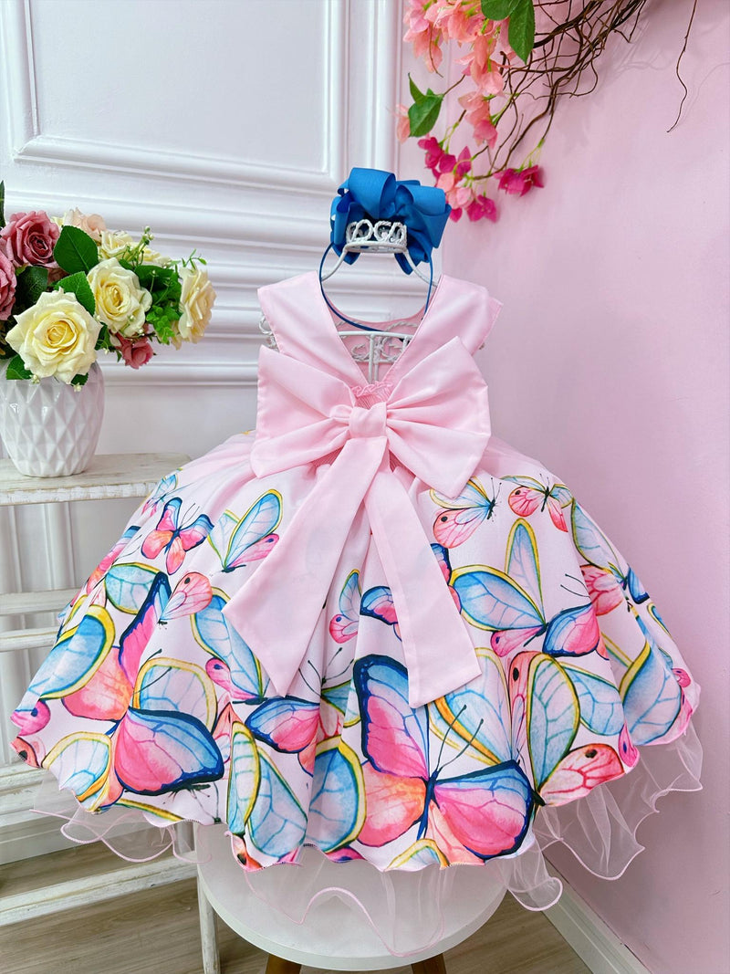 Vestido Infantil Rosa Borboletas Luxo Pérolas Damas Festas