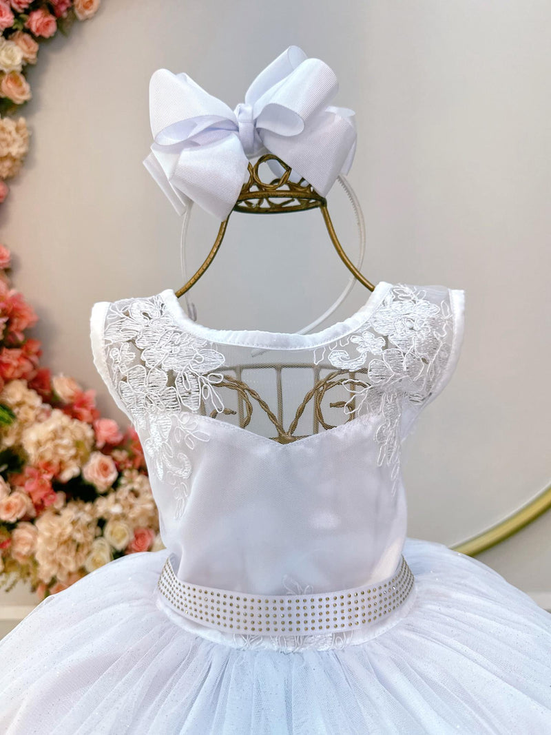 Vestido Infantil Branco C/ Renda Metalizada e Tule Glitter