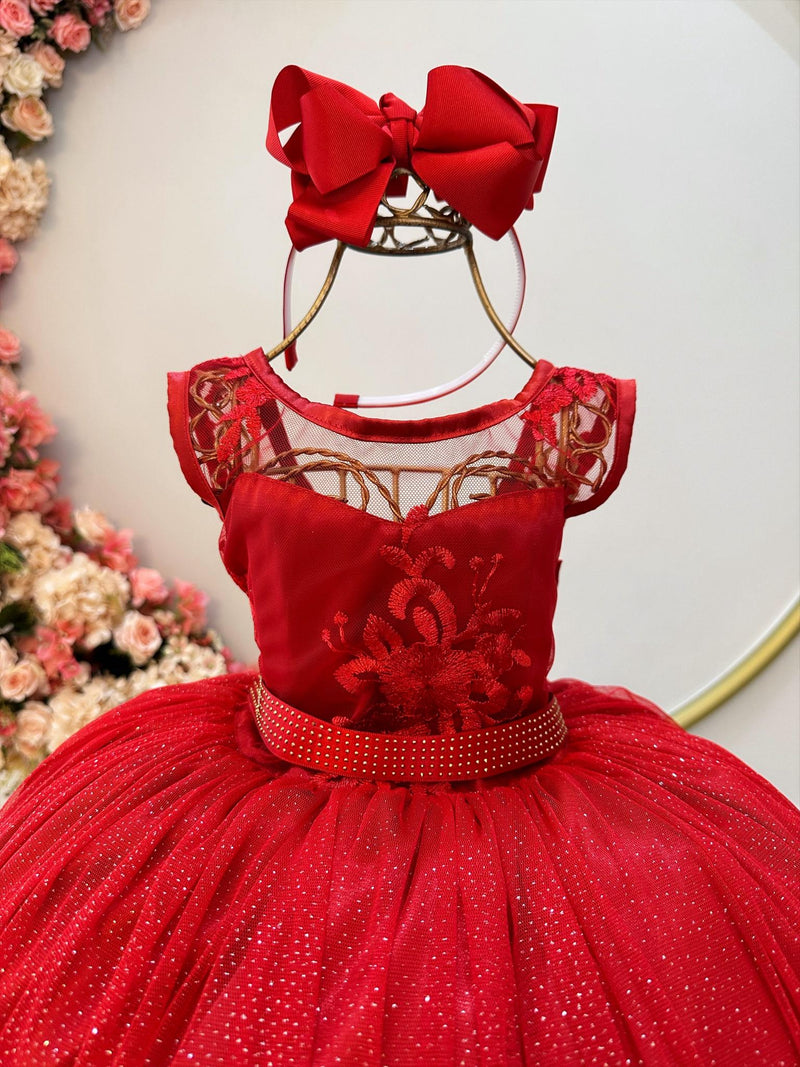 Vestido Infantil Vermelho Renda e Tule Brilho Damas