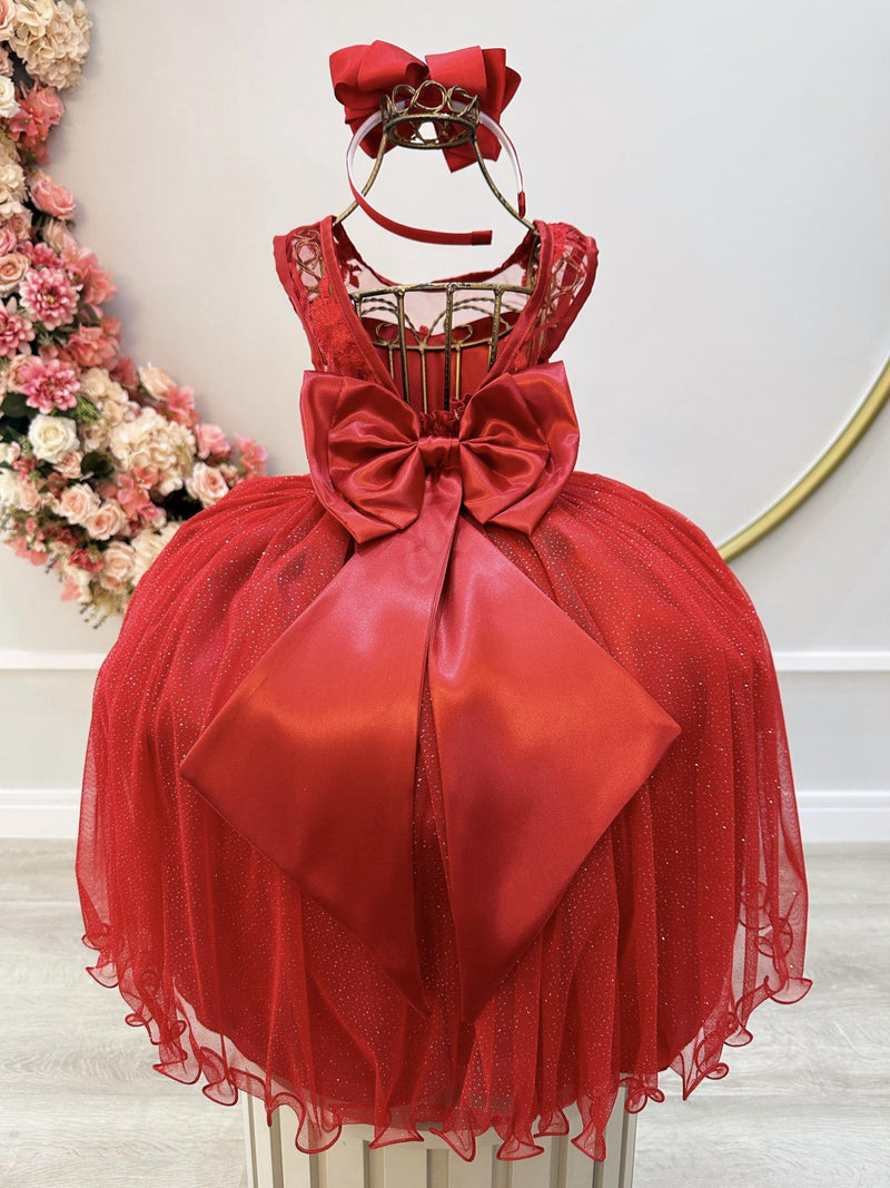 Vestido Infantil Vermelho Renda e Tule Brilho Damas