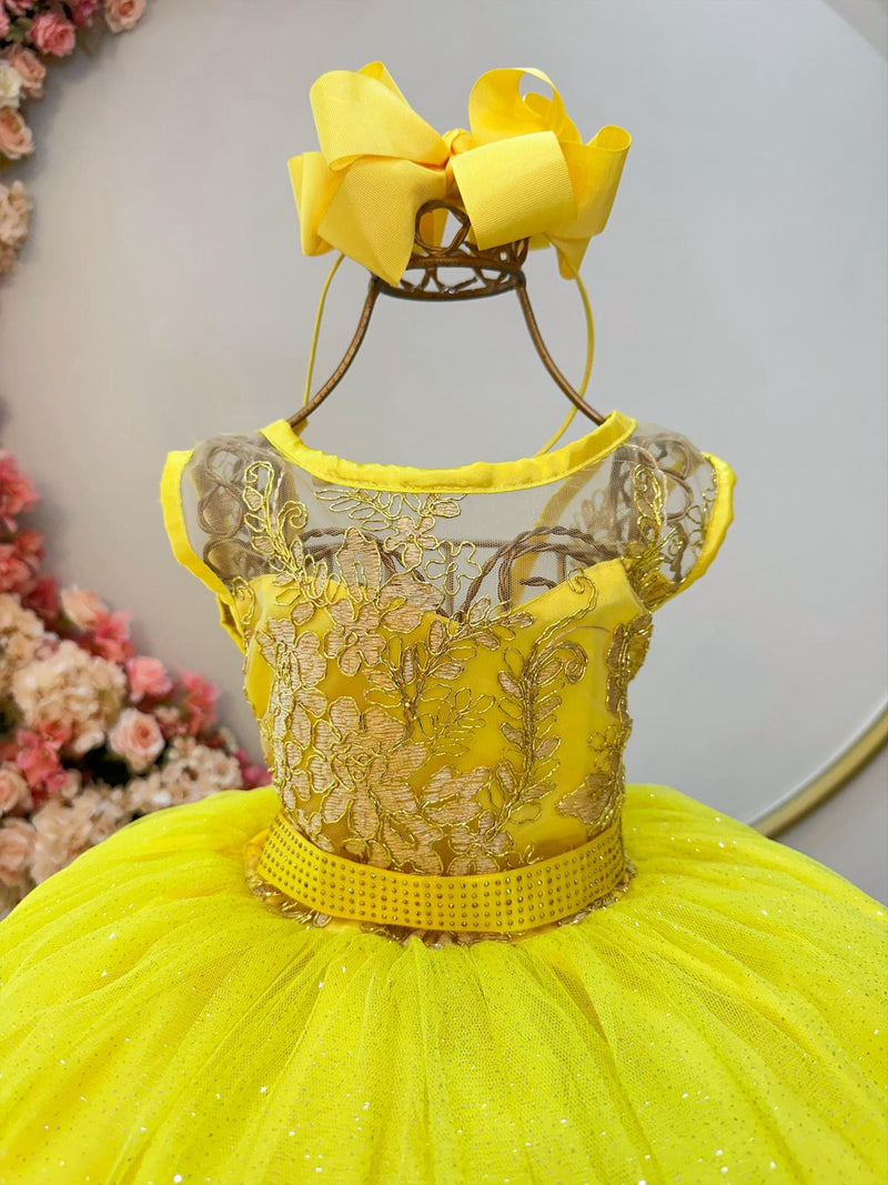 Vestido Infantil Amarelo Renda Metalizada Tule C/ Brilho Damas (2109Y)