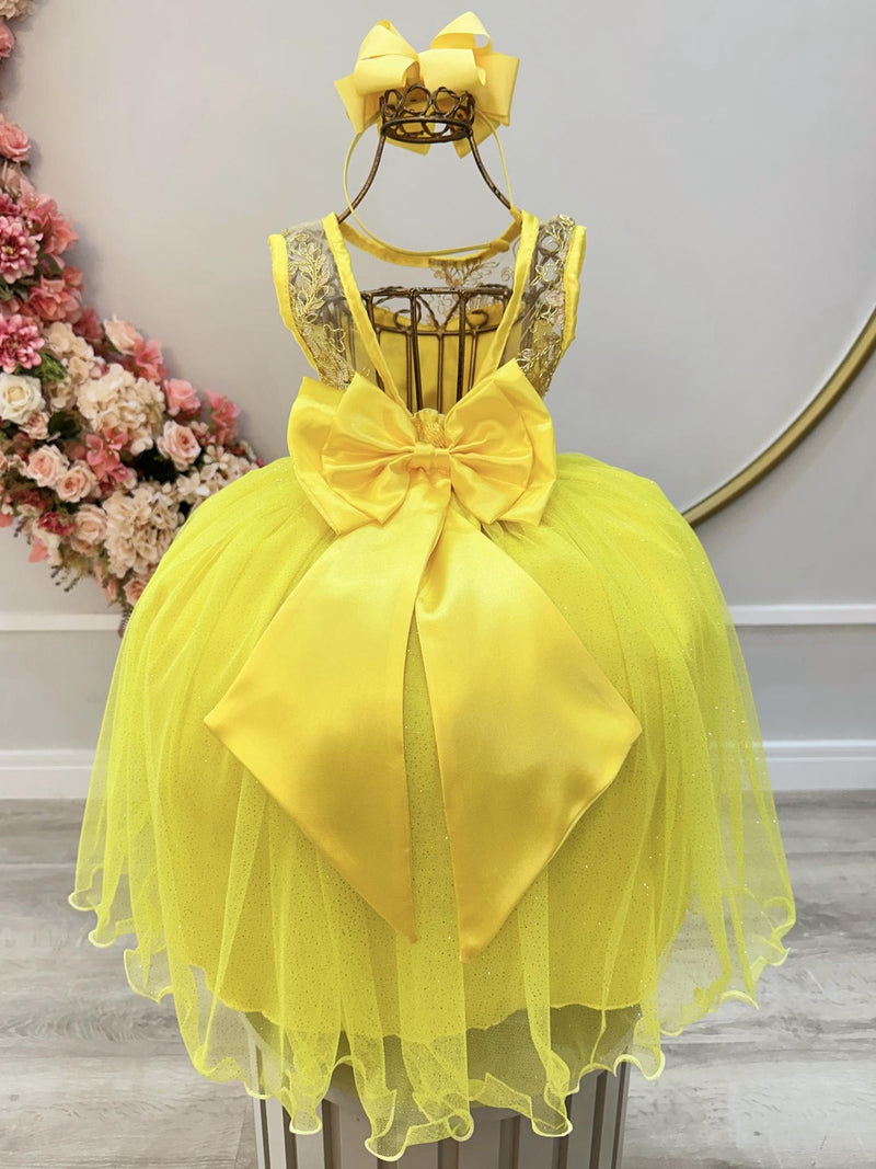 Vestido Infantil Amarelo Renda Metalizada Tule C/ Brilho Damas (2109Y)