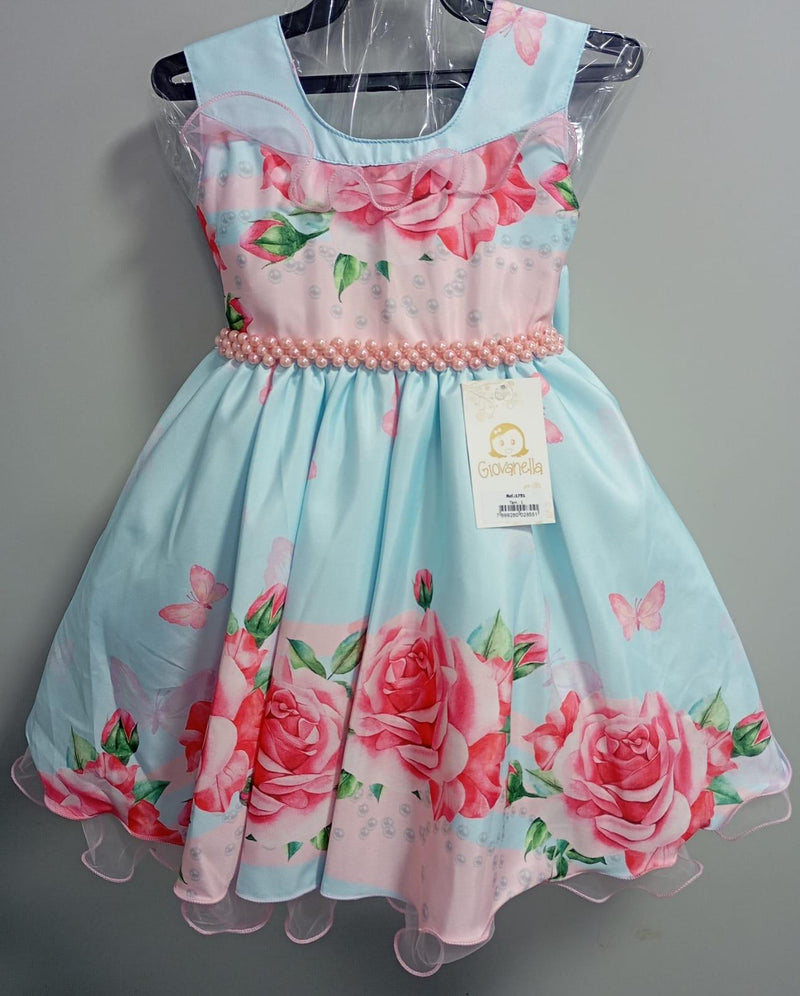 Vestido Infantil Azul Claro Jardim das Borboletas C/ Pérolas