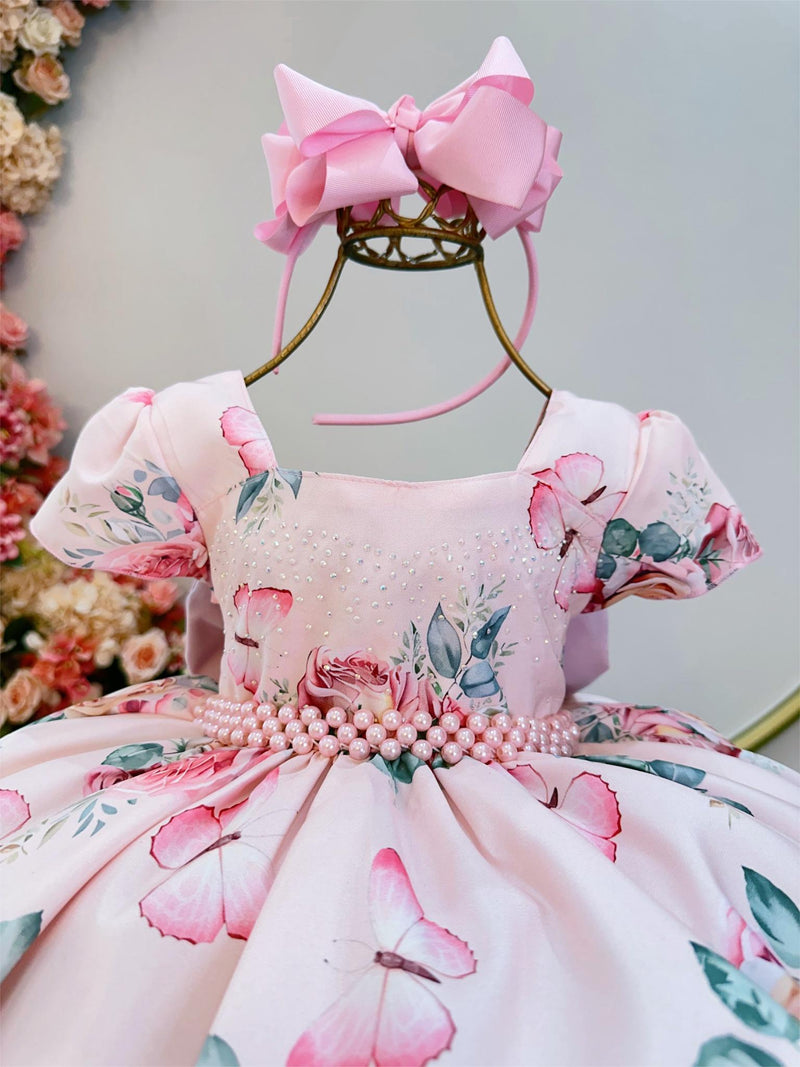 Vestido Infantil Rosa Jardim das Borboletas Damas Luxo Pérolas