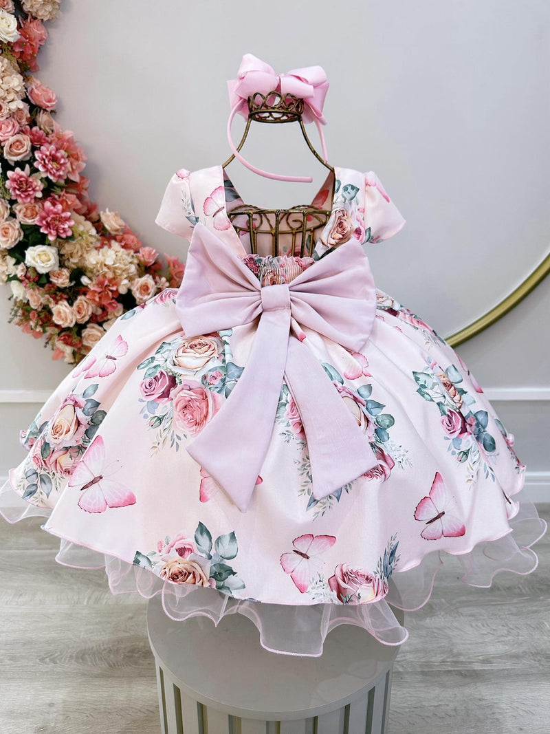 Vestido Infantil Rosa Jardim das Borboletas Damas Luxo Pérolas