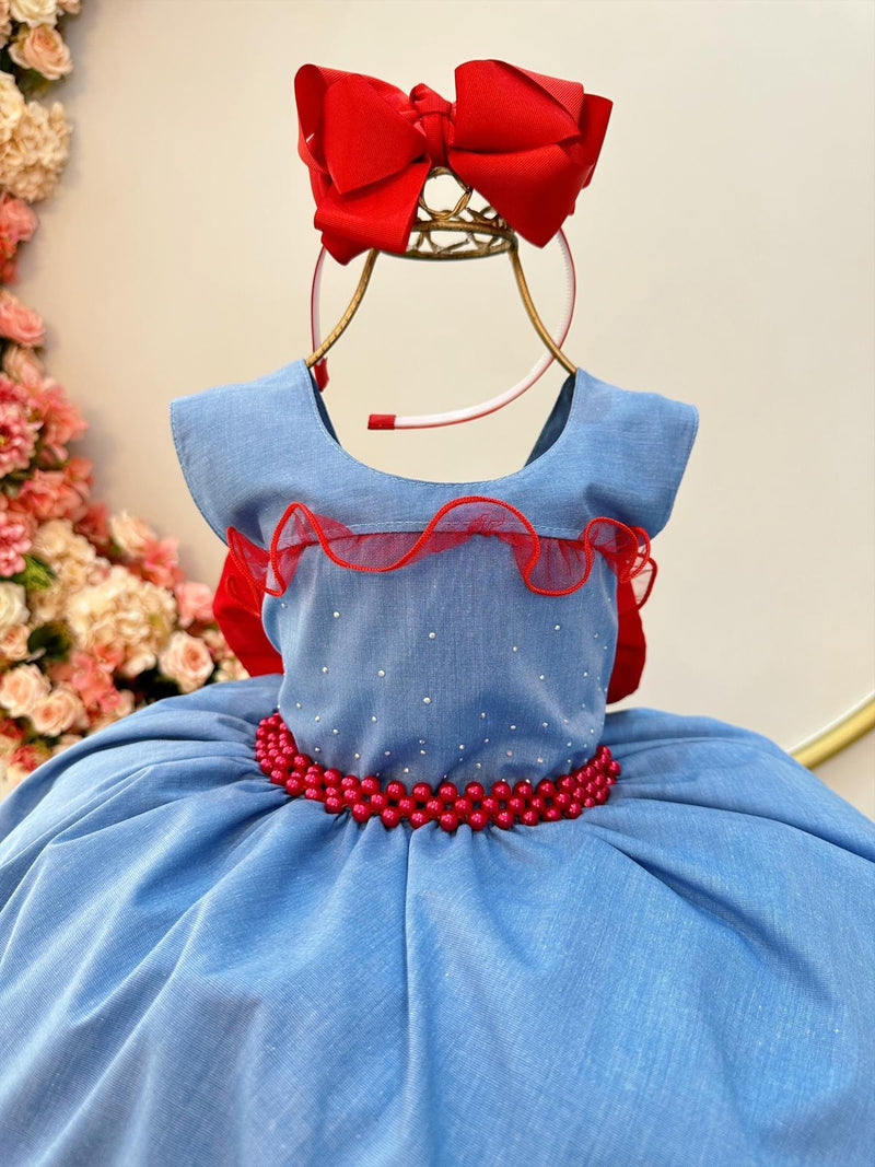 Vestido Infantil Azul Busto Strass e Saia Com Babado Luxo