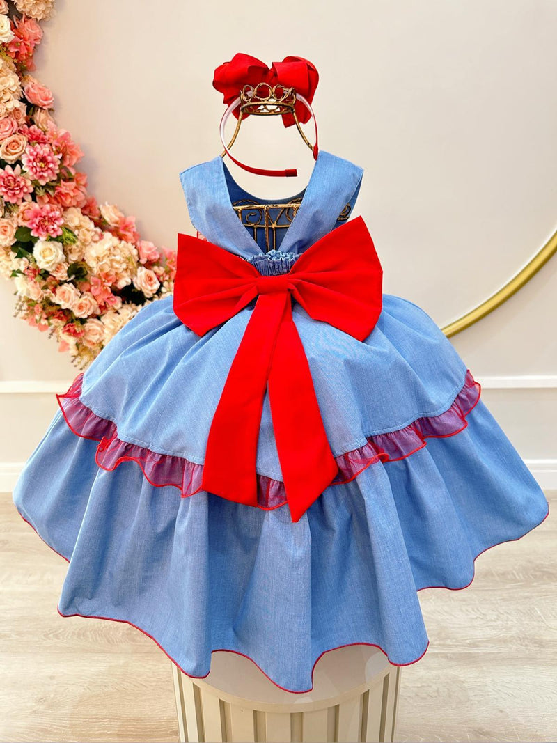 Vestido Infantil Azul Busto Strass e Saia Com Babado Luxo