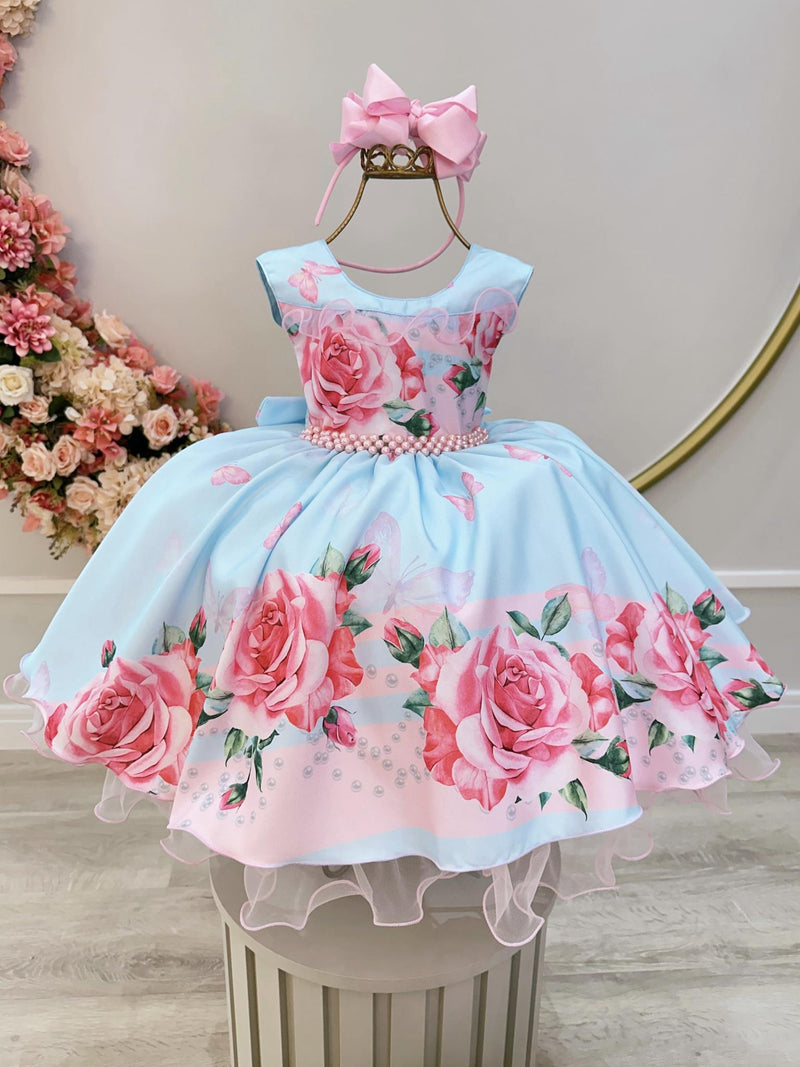 Vestido Infantil Azul Claro Jardim das Borboletas C/ Pérolas