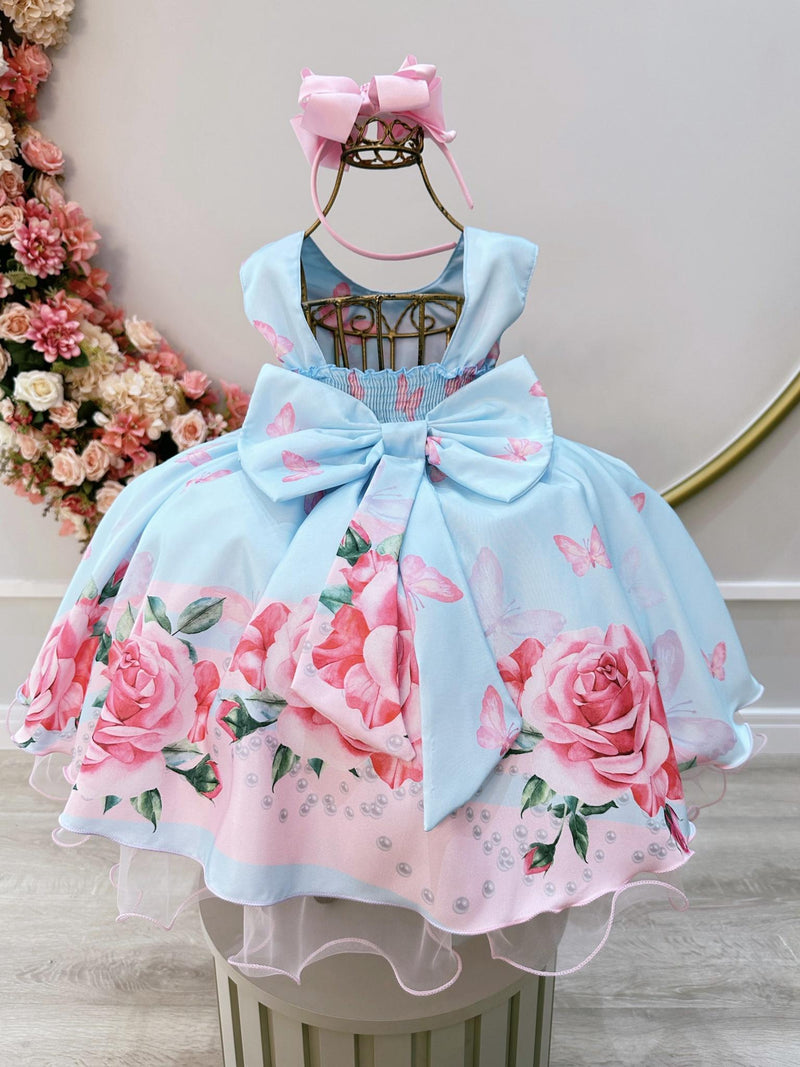 Vestido Infantil Azul Claro Jardim das Borboletas C/ Pérolas