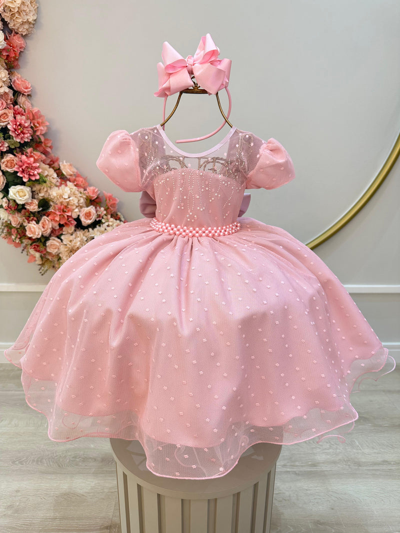 Vestido Infantil Rosa Bebê Tule Pipoquinha Luxo C/ Pérolas