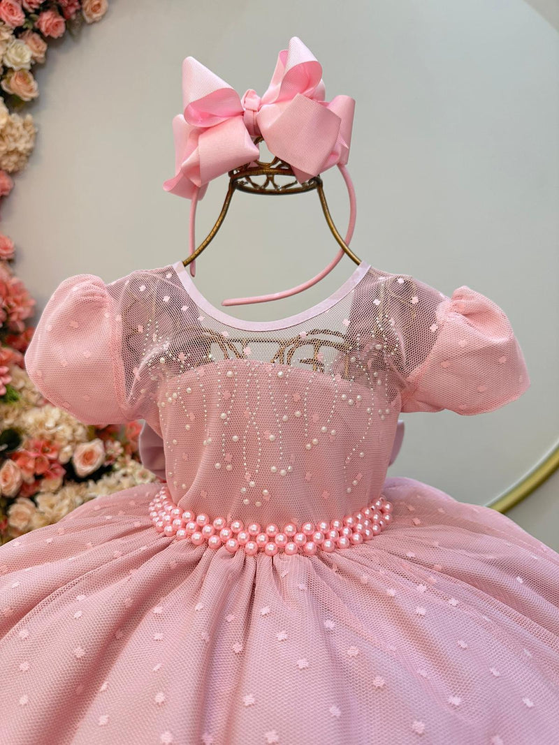 Vestido Infantil Rosa Bebê Tule Pipoquinha Luxo C/ Pérolas