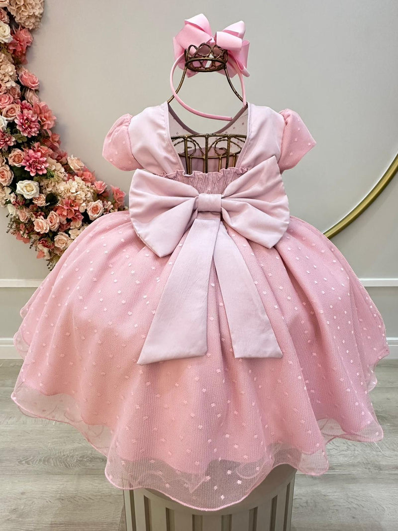 Vestido Infantil Rosa Bebê Tule Pipoquinha Luxo C/ Pérolas