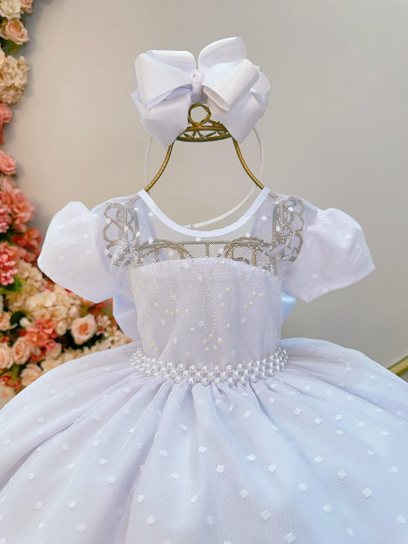 Vestido Infantil Branco Tule Pipoquinha Luxo C/ Pérolas