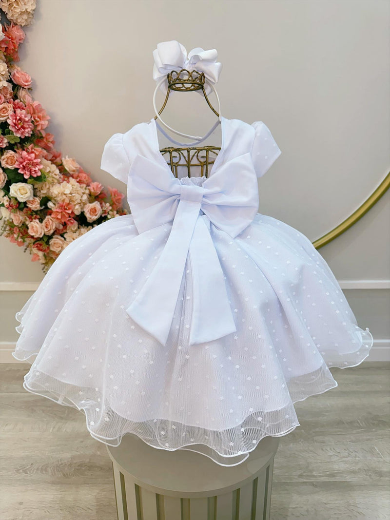 Vestido Infantil Branco Tule Pipoquinha Luxo C/ Pérolas