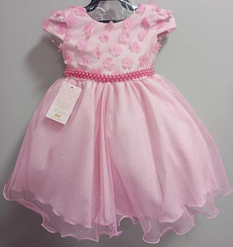 Vestido Infantil Rosa Saia C/ Glitter e Apliques de Flores