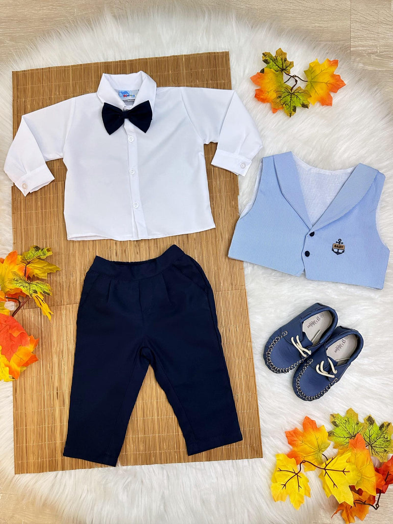 Conjunto Social Calça Colete Gravata Azul e Camisa Branca