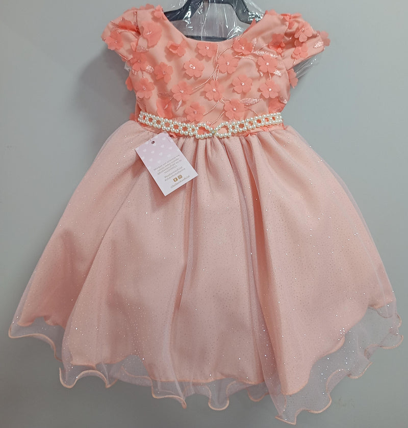 Vestido Infantil Salmão Saia C/ Glitter e Apliques de Flores