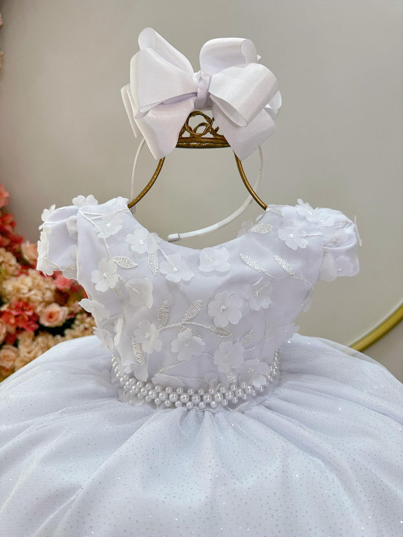 Vestido Infantil Branco Saia C/ Glitter e Apliques de Flores