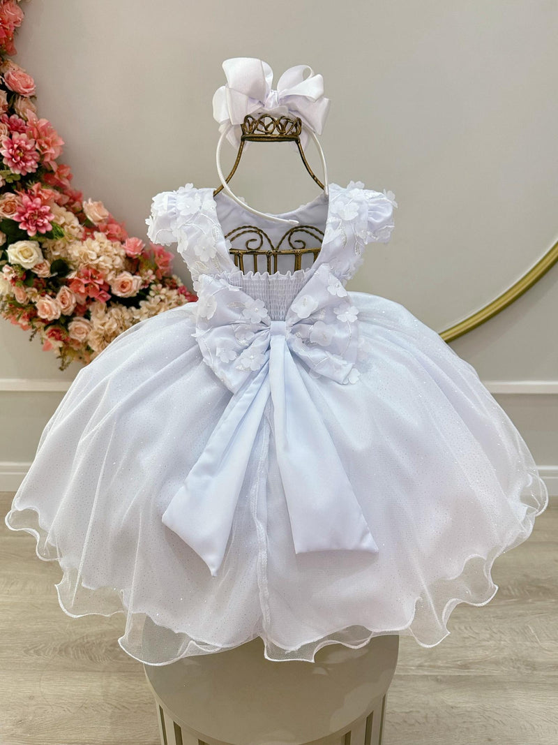 Vestido Infantil Branco Saia C/ Glitter e Apliques de Flores