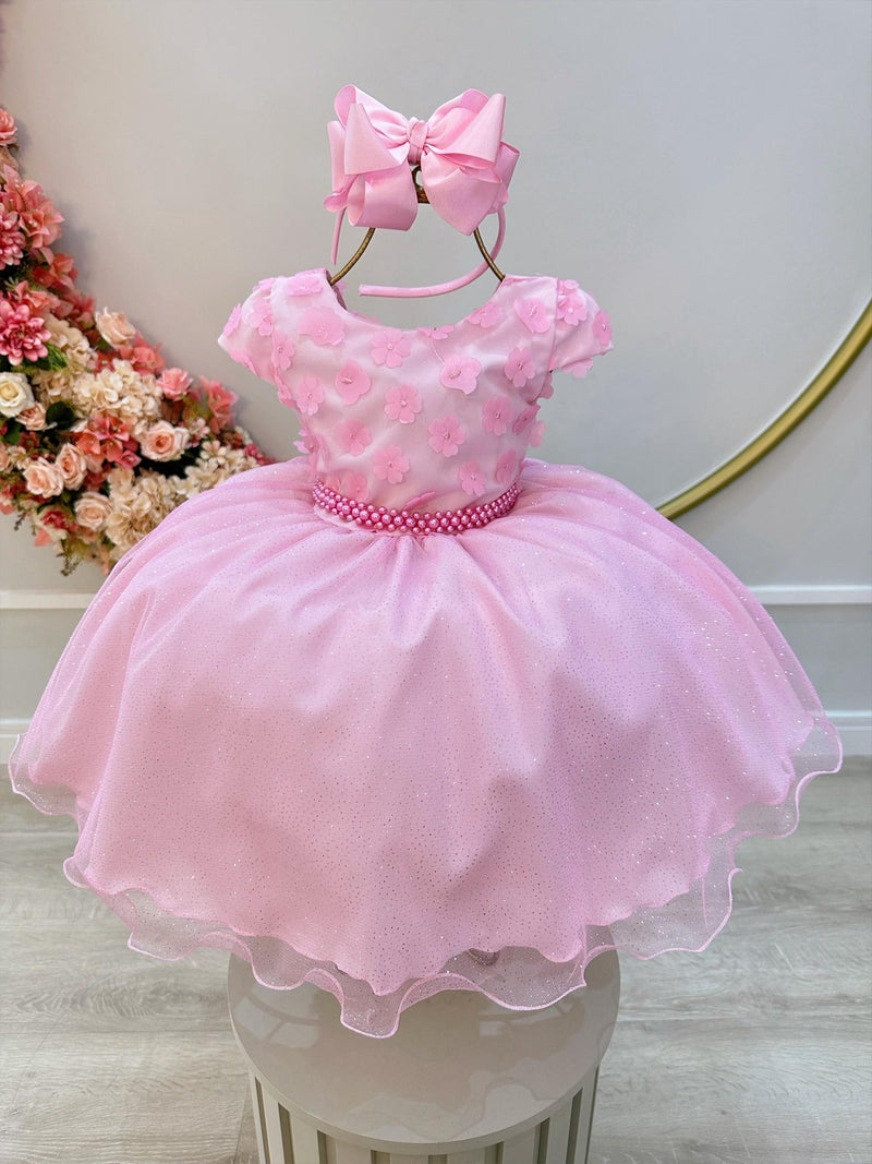 Vestido Infantil Rosa Saia C/ Glitter e Apliques de Flores