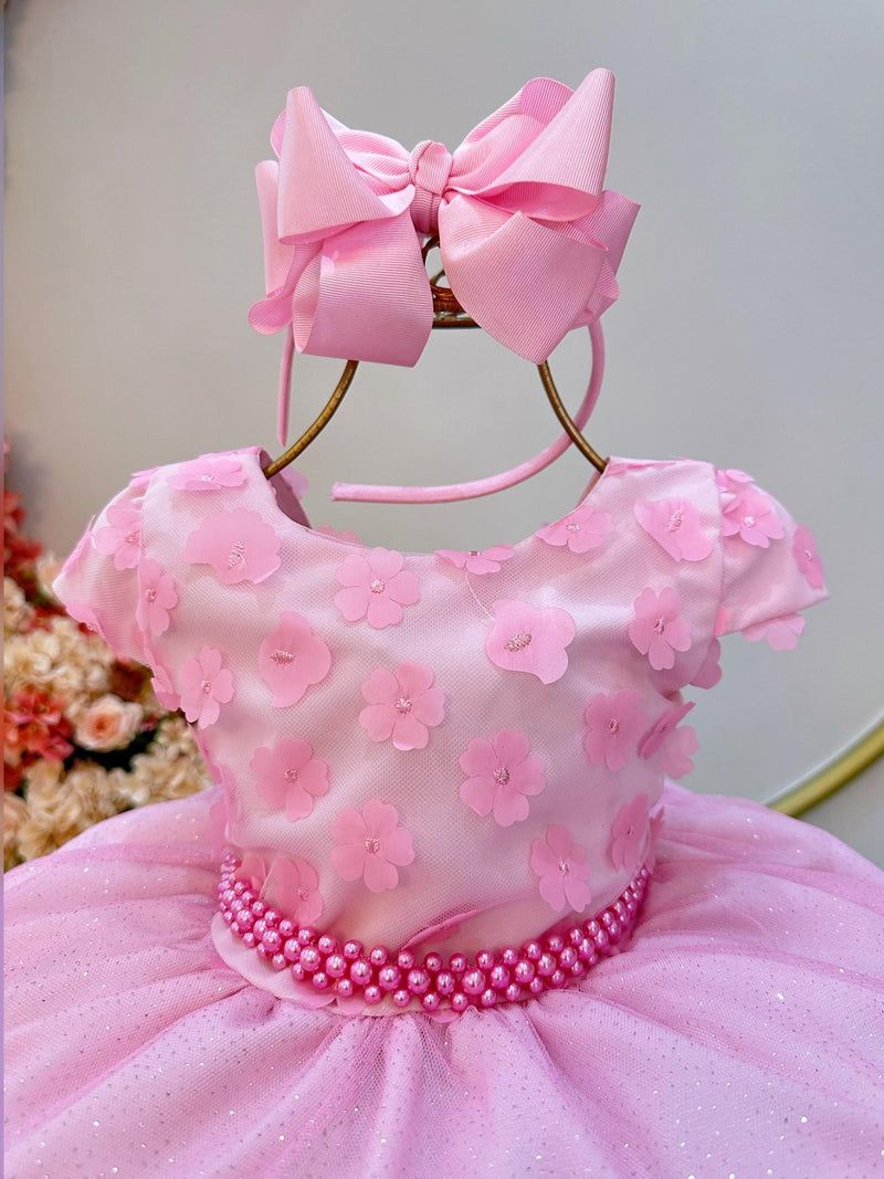 Vestido Infantil Rosa Saia C/ Glitter e Apliques de Flores