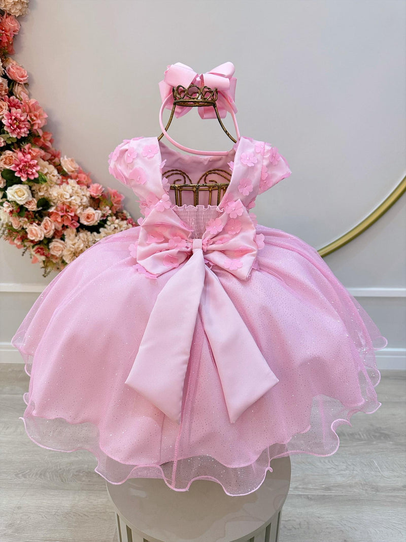 Vestido Infantil Rosa Saia C/ Glitter e Apliques de Flores