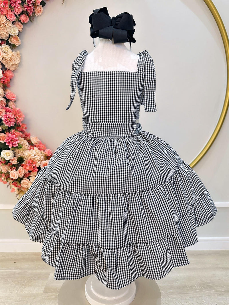 Vestido Infantil Primavera Verão Xadrez Preto e Branco Luxo